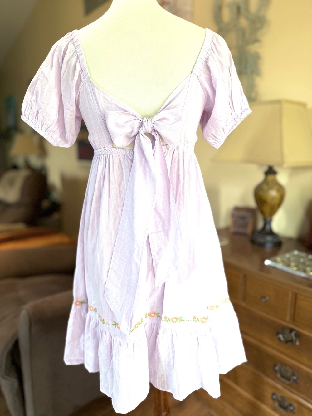 NWT Lilac Square-Neck Puff Sleeve Mini Dress - Picture 6 of 7